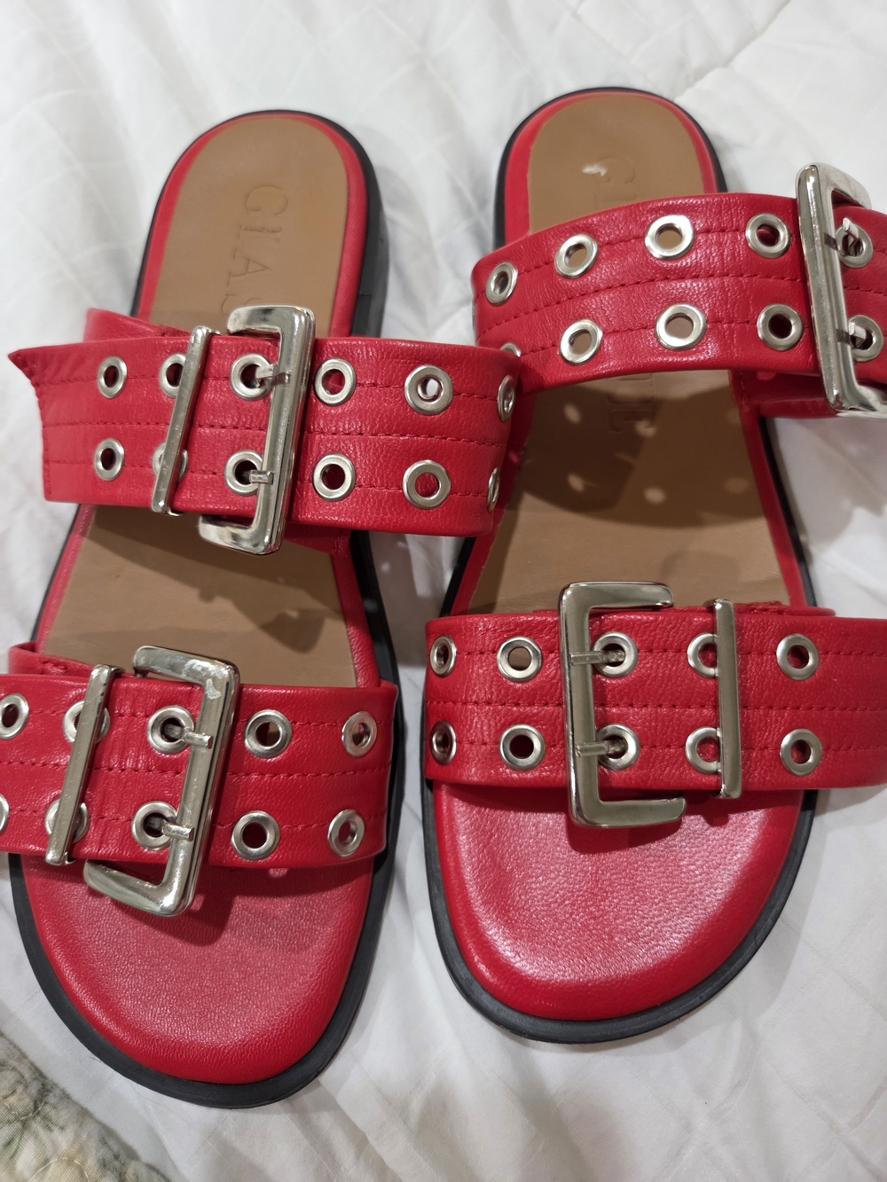 Red Double-Buckle Slide Sandals Size 39(8)